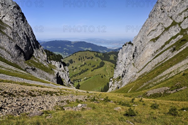 View from Bockmattli to the Mittelland, Lake Zurich in the background, Innerthal, Canton, Schwyz,