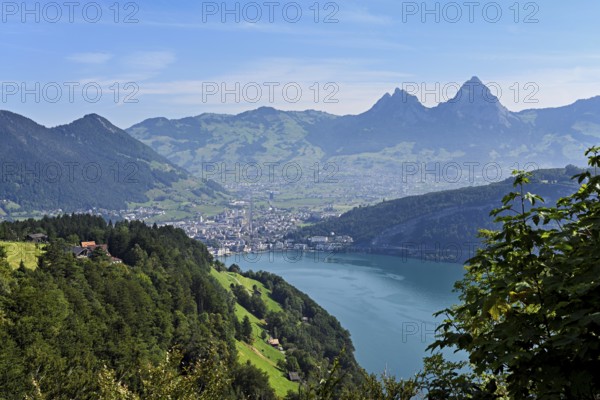 View from Seelisberg to Lake Lucerne, behind Brunnen and the small and large Mythen, Seelisberg,