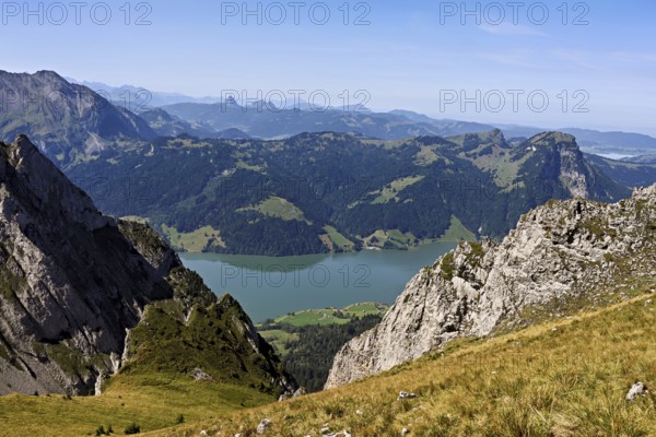 View from Bockmattli to the Wägitalersee, behind the small and large Aubrig, Innerthal, Canton,