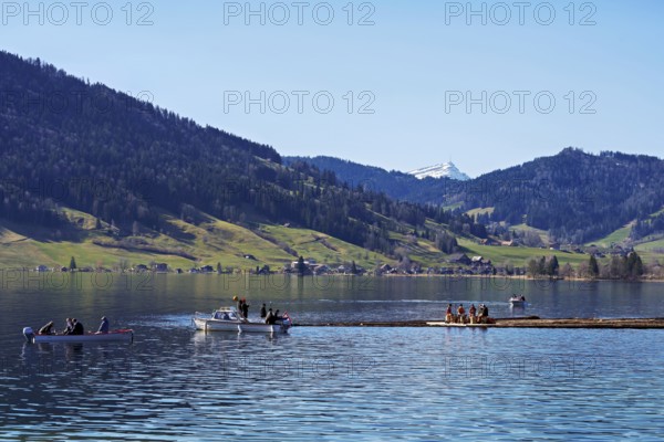 Forestry workers float a raft of felled tree trunks from the Bergmatt across the Ägerisee to the