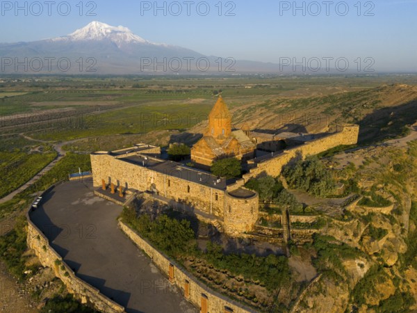 View of a historic monastery with Mount Ararat in the background, aerial view, Chor Wirap