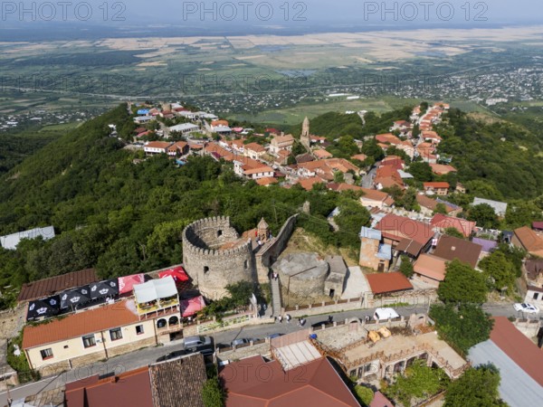 Historic town with a castle and red roofs, situated on a green hill with a wide view, aerial view,