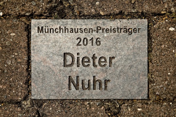 Sign for the 2016 Münchhausen Prize winner Dieter Nuhr in the Münchhausen town of Bodenwerder,