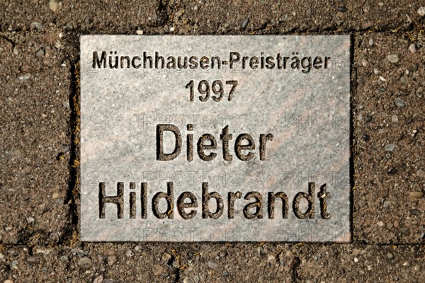 Sign for the 1997 Münchhausen Prize winner Dieter Hildebrandt in the Münchhausen town of
