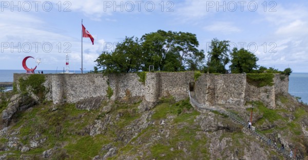 Close-up of a castle on a rock with flag, surrounded by nature, aerial view, fortress, castle,
