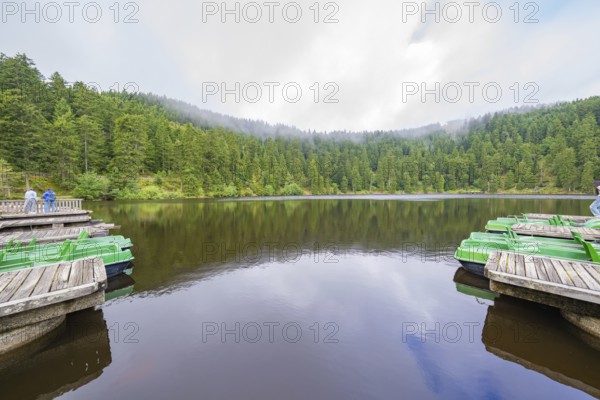 Calm lake surrounded by green trees and mountains with boats in the foreground, Mummelsee, Seebach,