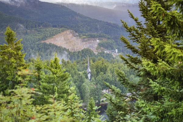 Panorama with a view of forests and mountains offering an impressive wide landscape, Mummelsee,
