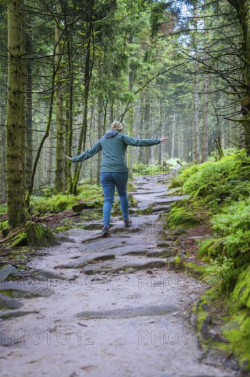 A hiker walks up a stony path surrounded by a green forest, Mummelsee, Seebach, Ortenau district,
