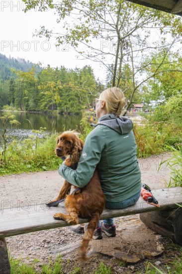 Woman sitting with her dog on a bench by the lake in nature, Mummelsee, Seebach, Ortenau district,
