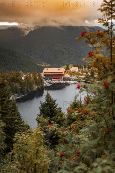 Romantic view of a lake surrounded by wooded mountains in the evening, Mummelsee, Seebach, Ortenau