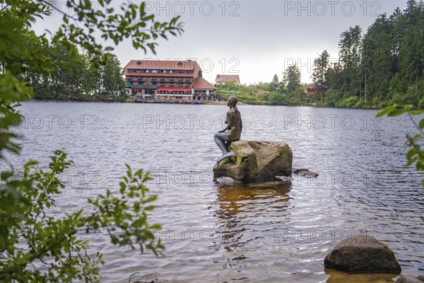 A statue sits on a rock in the lake, with a building in the background, Mummelsee, Seebach, Ortenau