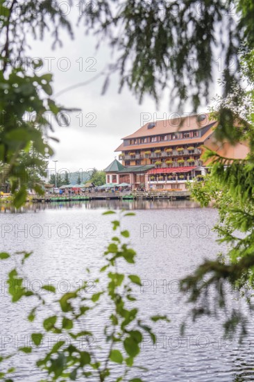 Building with terrace on a quiet lake, framed by leaves, Mummelsee, Seebach, Ortenau district,