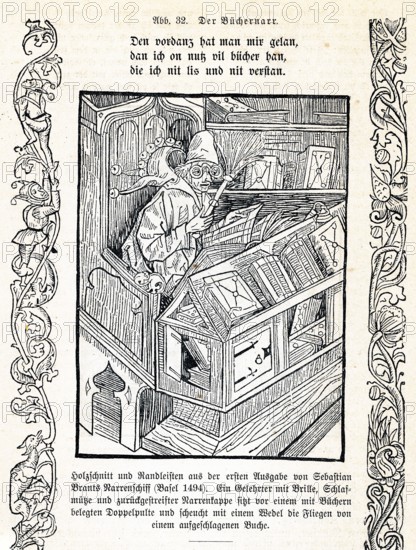 Scholar with a fool's cap and books he does not understand. Woodcut from Das Narrenschiff from