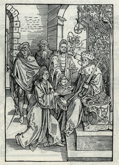 Konrad Celtes (1459-1508) presents Elector Frederick of Saxony with the works of Roswitha, from
