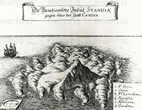 Engraving, The island of Spina Longa, Crete, Greece, place of internment of the Bavarian relief