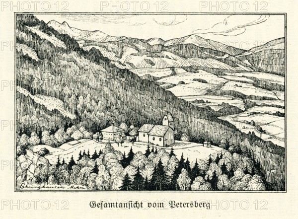 Church in the mountain landscape, reproduction church guide from 1911 Petersberg pilgrimage church,
