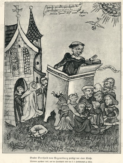 Brother Bernhard of Regensburg (1272) preaching in front of a church, miniature from 1477, from