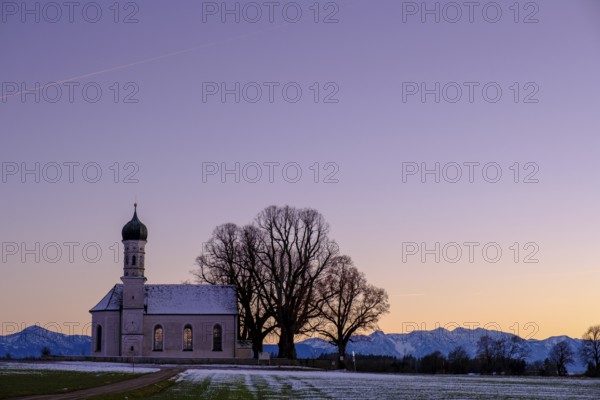 Church of St Andrä near Etting in the evening light, Pfaffenwinkel, Alpine foothills, Upper