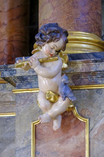 Angel, putto, cherub, playing music, St Kilian's parish church, Bad Heilbrunn, Upper Bavaria,
