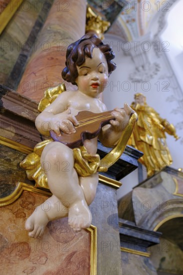 Angel, putto, cherub, playing music, St Kilian's parish church, Bad Heilbrunn, Upper Bavaria,