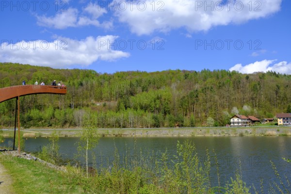 Iron bridge sculpture, viewpoint, Drachensee, Furth im Wald, Bavarian Forest, Upper Palatinate,