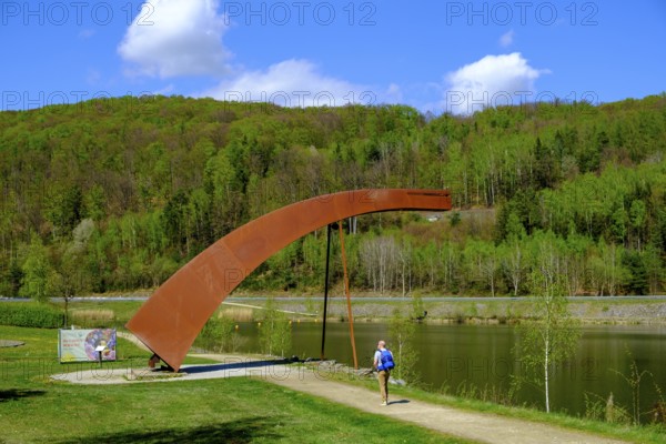 Iron bridge sculpture, viewpoint, Drachensee, Furth im Wald, Bavarian Forest, Upper Palatinate,