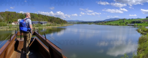 Iron bridge sculpture, viewpoint, Drachensee, Furth im Wald, Bavarian Forest, Upper Palatinate,
