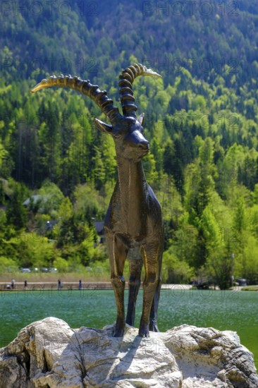 Ibex sculpture at Jasna Lake in Triglav National Park, Kranjska Gora, Upper Carniola, Julian Alps,