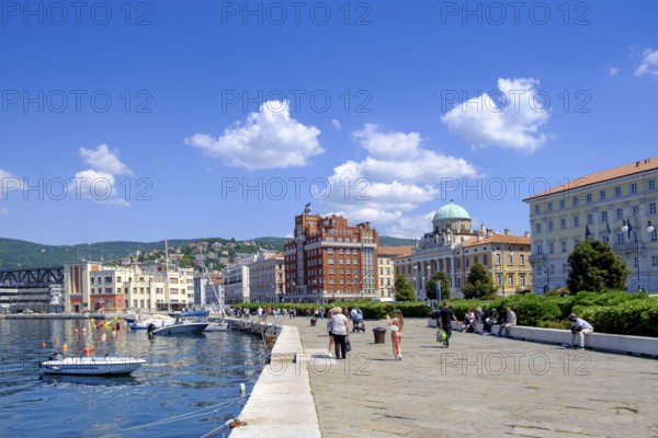 Riva del Mandracchio, waterfront promenade with old town centre, Trieste, Adriatic Sea,