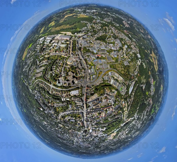 Aerial view, city centre view, street crossing Rahmedestraße and Heedfelder Straße, earth globe,