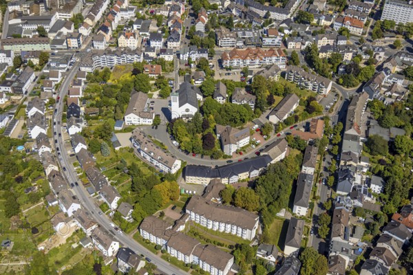 Aerial view, residential area Graf-von-Galen-Straße and cath. Church Maria Königin, Lüdenscheid