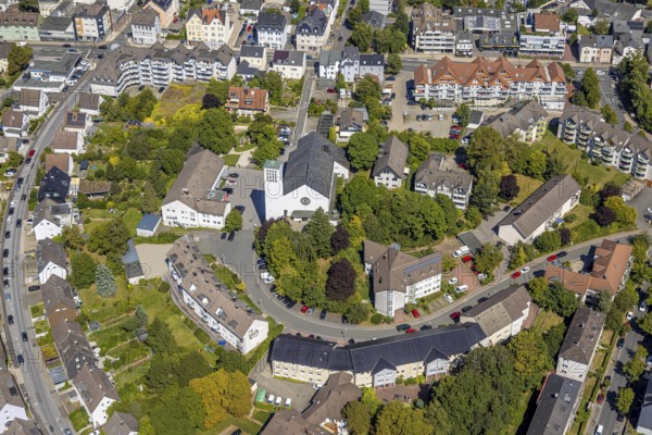 Aerial view, residential area Graf-von-Galen-Straße and cath. Church Maria Königin, Lüdenscheid