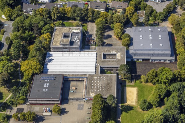 Aerial photo, Bergstadt Gymnasium and sports facility Honsel football stadium, Lüdenscheid town,