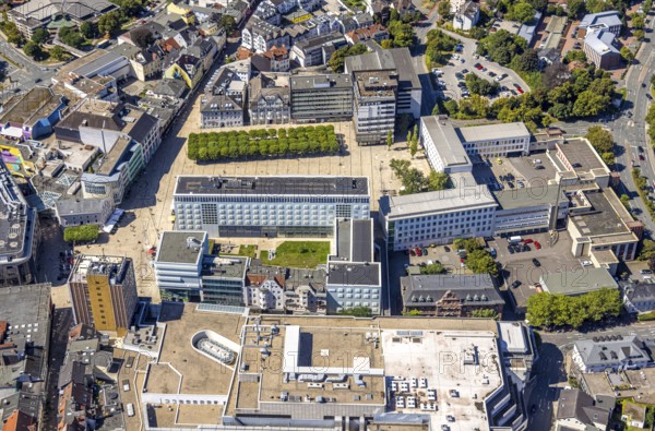 Aerial view, town hall and town hall square with tree avenue, city, Lüdenscheid city, Lüdenscheid,