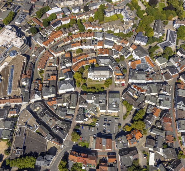 Aerial view, circular residential complex in the city centre with evang. Erlöserkirche,