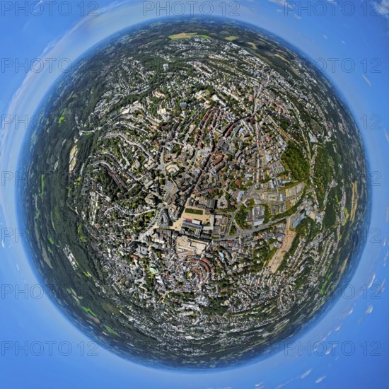 Aerial view, city centre view with town hall and town hall square, earth globe, fisheye image, 360