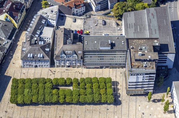 Aerial view, town hall and town hall square with tree avenue, city, Lüdenscheid city, Lüdenscheid,
