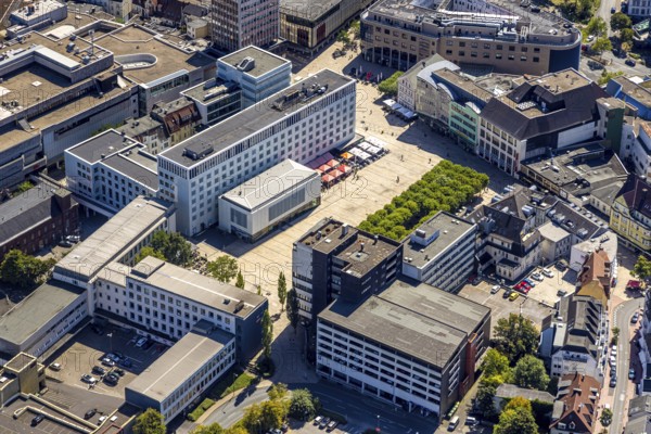 Aerial view, tree avenue at the town hall and town hall square, city, Lüdenscheid city,