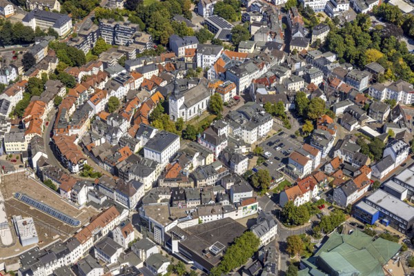 Aerial view, circular residential complex in the city centre with evang. Erlöserkirche,