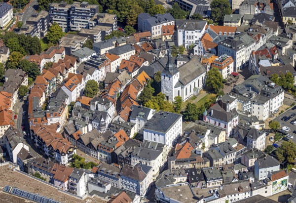 Aerial view, circular residential complex in the city centre with evang. Erlöserkirche,