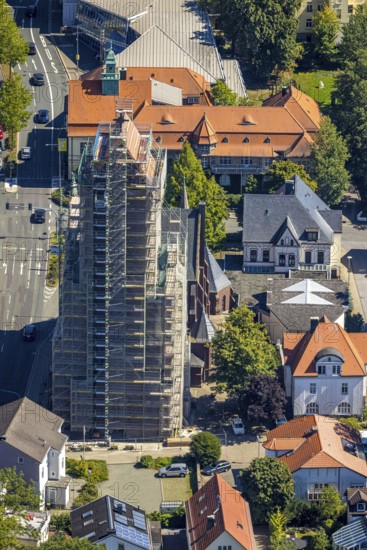 Aerial view, catholic church St. Joseph and Medardus with building site and scaffolding, behind