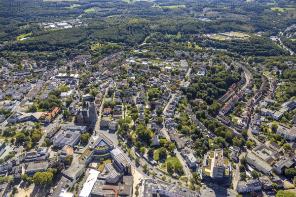 Aerial view, residential area local view around the catholic church St. Joseph and Medardus with