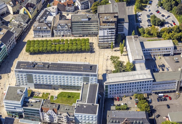 Aerial view, town hall and town hall square with tree avenue, city, Lüdenscheid city, Lüdenscheid,