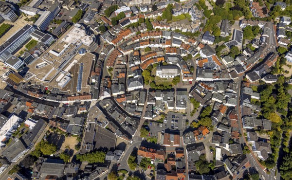 Aerial view, circular residential complex in the city centre with evang. Erlöserkirche,