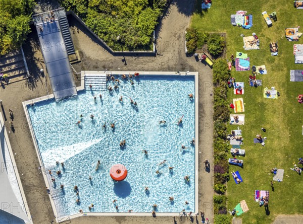 Aerial view, outdoor swimming pool, swimming pool with bathers, Lüdenscheid town, Lüdenscheid,