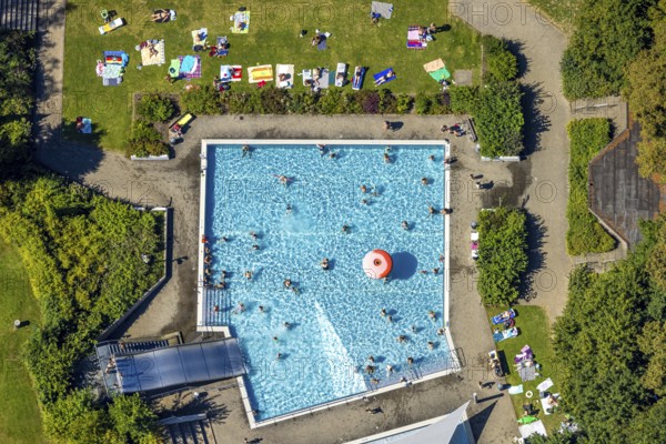 Aerial view, outdoor swimming pool, swimming pool with bathers, Lüdenscheid town, Lüdenscheid,