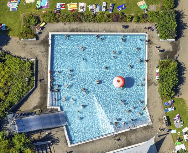 Aerial view, outdoor swimming pool, swimming pool with bathers, Lüdenscheid town, Lüdenscheid,