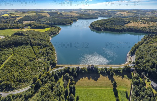Aerial view, Verse dam with dam, forest area with forest damage, Piepersloh, Lüdenscheid,
