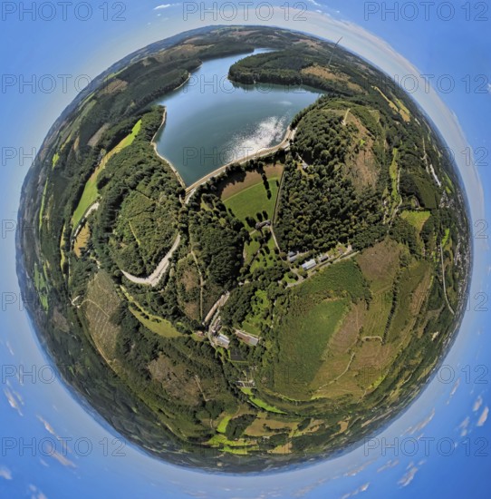 Aerial view, Verse dam and reservoir, earth globe, fisheye image, 360 degree image, tiny world,