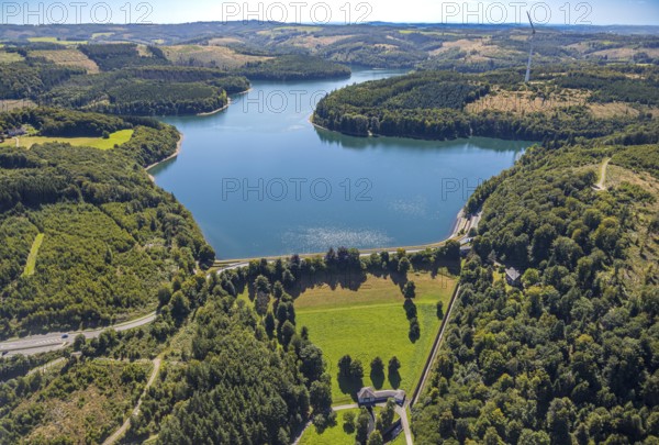 Aerial view, Verse dam with dam, forest area with forest damage, Piepersloh, Lüdenscheid,